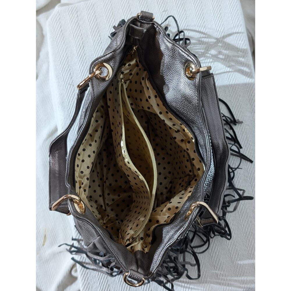 Metallic Silver Fringe Rhinestone Detail Shoulder Bag Hobo Purse Glam - Picture 5 of 6
